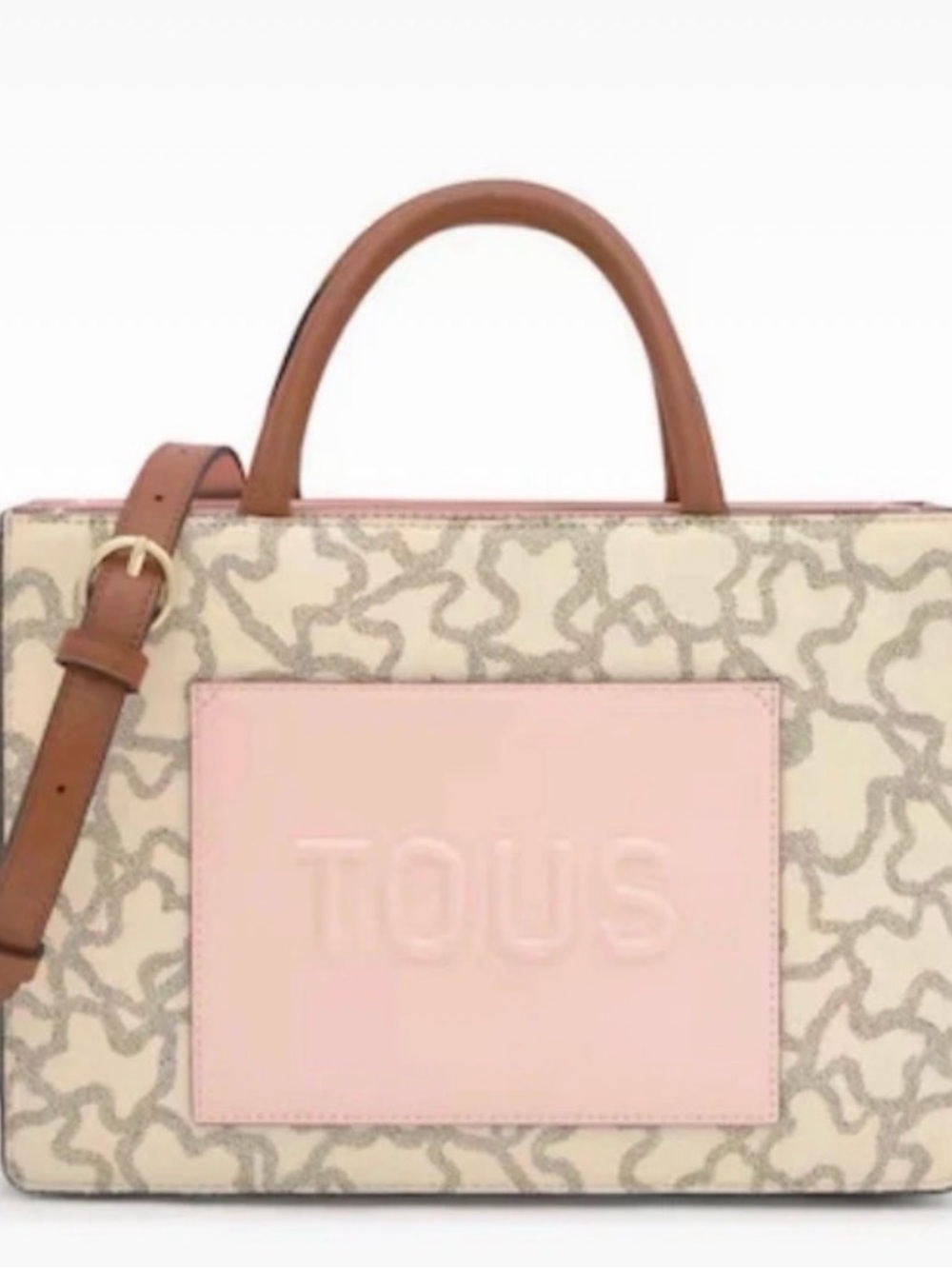 TOUS Pink and Cream Canvas Tote with Brown Leather Handles